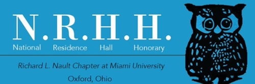 NRHH Logo. An owl with text that reads National Residence Hall Honorary. Richard L. Nault Chapter at Miami University, Oxford OH. 